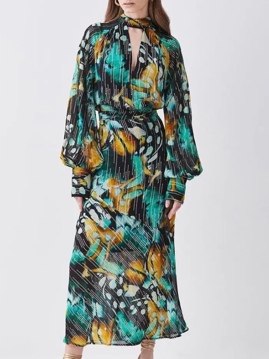 Karen Millen Dresses & Skirts - Karen Millen Teal, Black & Gold Abstract Print Long Sleeve Maxi Dress